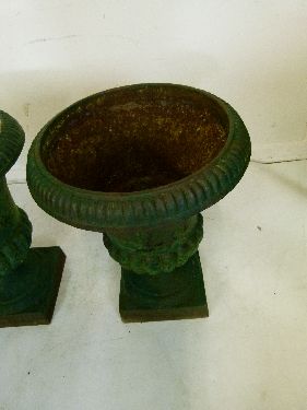 Pair of cast iron garden urns, each having reeded decoration and standing on a square foot, 60cm - Image 4 of 11