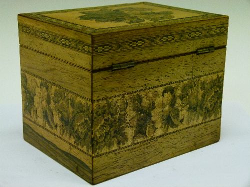 19th Century Tunbridge Ware rectangular tea caddy having floral decoration, the hinged cover opening - Image 7 of 13