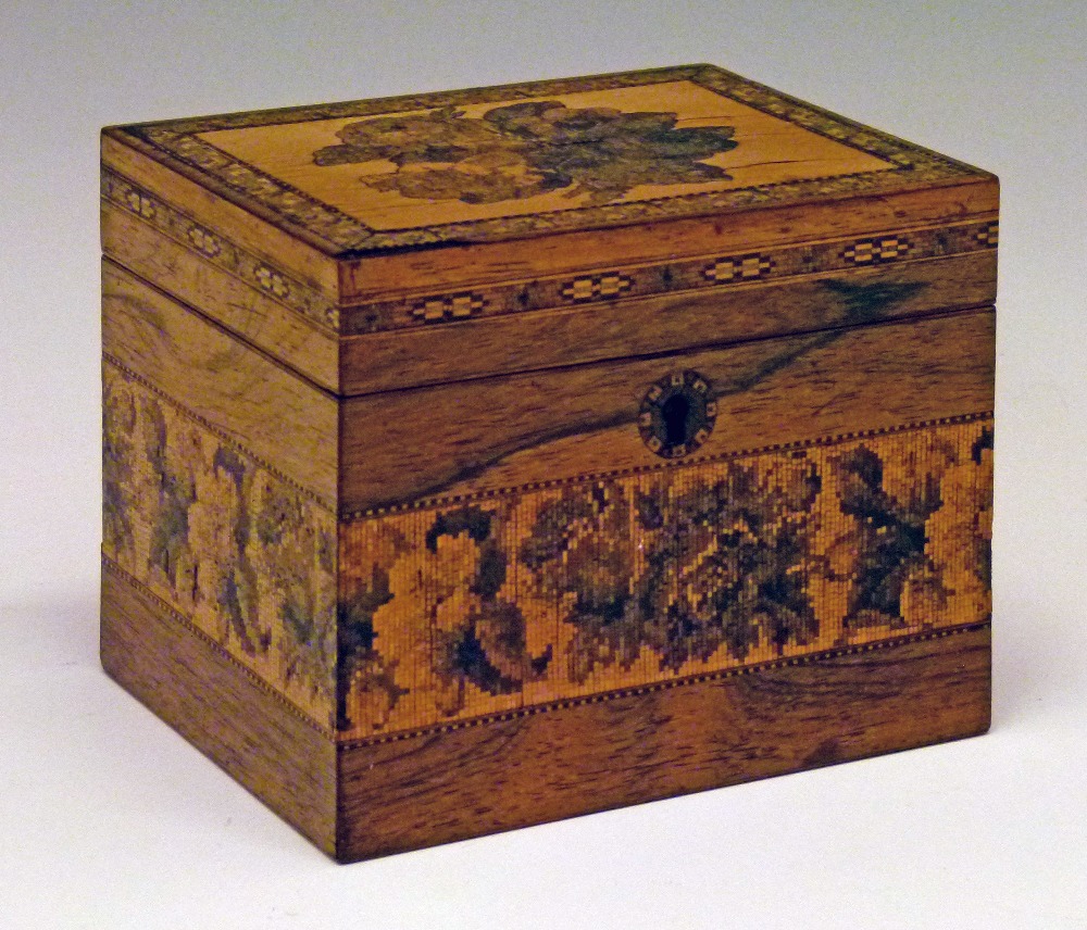 19th Century Tunbridge Ware rectangular tea caddy having floral decoration, the hinged cover opening