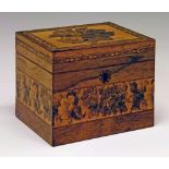 19th Century Tunbridge Ware rectangular tea caddy having floral decoration, the hinged cover opening