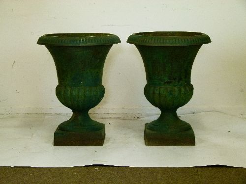 Pair of cast iron garden urns, each having reeded decoration and standing on a square foot, 60cm - Image 3 of 11