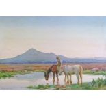 William Evans Linton (1878-1941) - Watercolour - Landscape with horses at a pond, signed, 26cm x