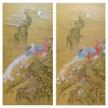 Two Chinese paintings on silk, each depicting a peacock and hen in a landscape, 125cm x 62cm