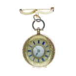 Half hunter fob watch, white enamel dial with black hands and Roman numerals, the engraved cover