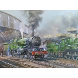 Colin Verity (1924-2011) - Oil on board - Two Great Western steam locomotives at Bristol Temple