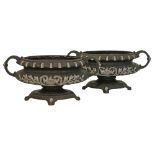 Pair of cast iron oval two handled planters, each having stylised foliate decoration in relief, 56cm