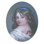 19th Century English School - Oval pastel - Study of a young girl with a blue ribbon in her hair,