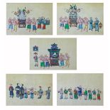 Five Chinese paintings on rice paper - Ceremonial processional figures, 19.75cm x 30cm Condition: