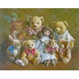 Deborah Jones (1921-2012) - Oil on canvas - Still-life with six teddy bears, a doll and a rabbit,