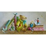 Deborah Jones (1921-2012) - Oil on canvas - Telling Tales, a still-life with teddy bear and books,