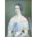 19th Century English School - Miniature on ivory - Half length portrait of a seated lady wearing a