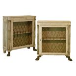 Pair of late 18th Century painted side cabinets, each having a white marble top, brass grille door