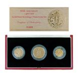 Gold Coins - 500th Anniversary 1489-1989 gold proof sovereign three coin set, No.1180/10,000, with