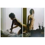 Graham Isom (b.1945) - Diptych oil on canvas - Interior scene with two female nudes, signed, each