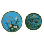 Two Japanese cloisonné dishes, Meiji period, each decorated with birds amongst foliage on a blue