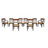 Set of eight William IV mahogany yoke back dining chairs, comprising: two scroll arm carvers and six