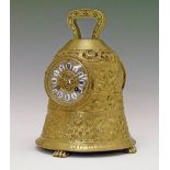 Cast brass cased bell form mantel clock having allover Neo-classical figural and scroll decoration