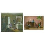 Deborah Jones (1921-2012) - Two oils on board - Interior scene with children and cats, 20cm x 22cm