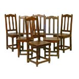 Matched set of six antique French country made oak dining chairs, each having a lath back and hard