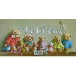 Deborah Jones (1921-2012) - Oil on canvas - Still-life with six teddy bears, signed, 30cm x 60cm A.