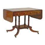 Regency brass inlaid and satinwood crossbanded mahogany two flap sofa table fitted two real and