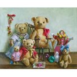 Deborah Jones (1921-2012) - Oil on canvas - Still-life with five teddy bears and a puppet, signed,