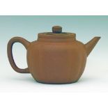 Yixing teapot of lobed globular form, cover with reeded knop, pierced liner to the interior, base