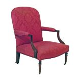 George IV mahogany framed open arm drawing room chair, the arms with partial reeded decoration,