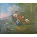 18th Century Dutch School - Oil on canvas - Landscape with cattle and farmgirls, unsigned, 81cm x