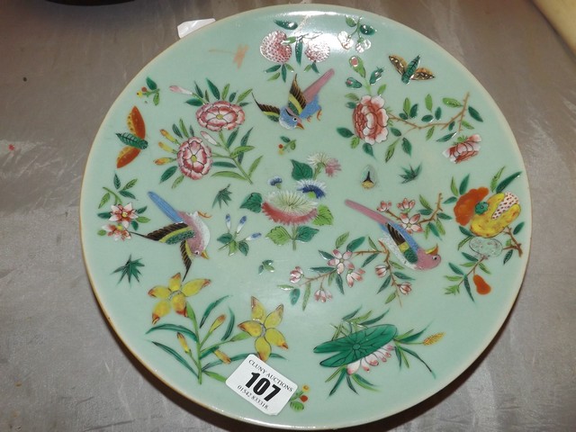 19th C CHINESE FAMILLE ROSE PLATE/CHARGER, ENAMELS OF BIRDS & FLOWERS ON A CELADON GROUND 10" DIA