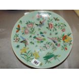 19th C CHINESE FAMILLE ROSE PLATE/CHARGER, ENAMELS OF BIRDS & FLOWERS ON A CELADON GROUND 10" DIA