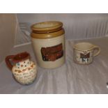 THREE POTTERY ITEMS INSCRIBED WATER JUG ,STONEWARE JAR & COMMORATIVE CUP EST [£15- £25]