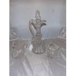 19th c CUT GLASS DECANTER & 2 CRYSTAL SWANS [ £15- £ 25 ]