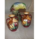 TWO SMALL CHINA VASES & DECORATIVE PARROT EST [£10- £ 20]