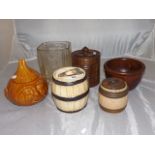 TWO 19TH C TOBACCO JARS, TREEN BOWL & JAR, BEETROOT POT EST [£15-£ 35]