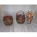 TWO HALF GLAZED GINGER JARS & A JAPANESE POTTERY VASE [£15- £25]