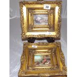 A PAIR OF REPODUCTION OILS IN A GILT FRAME 7 x7 ins EST [£15- £30]