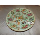 19th C CHINESE PORCELAIN FAMILLE ROSE PLATE /CHARGER ENAMELS OF BIRDS & BUTTERFLIES ON CELADON