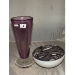 ART GLASS VASE PURPLE COLOUR ON A HEAVY CLEAR BASE AND A WHITE GLASS OVERLAY FRUIT BOWL EST [ £