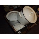 THREE KITCHEN ENAMEL POTS [£10- £20]