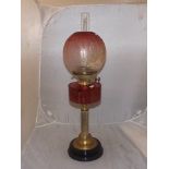 VICTORIAN OIL LAMP CRANBERRY FONT BUT GLOBE CRACKED EST [£20- £40]