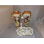 A PAIR OF HEXAGONAL SHAPED VASES WITH FLORAL DECORATION 12 " TALL EST [£ 15- £30]