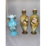 PAIR OF HAND PAINTED POTTERY VASE AND BLUE GLASS VASE EST[£10-£20]