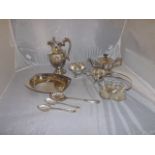 PLATED TEA SERVICE,WATER POT, DISH,BUTTERDISH AND 3 SERVING SPOONS EST[£20-£40]