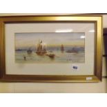 WATERCOLOUR OF PADDLE STEAMERS & SAILBOATS AT WHITLEY BAY BY W RUSSELL12 1/2" X 5 1/2 " EST [£20- £