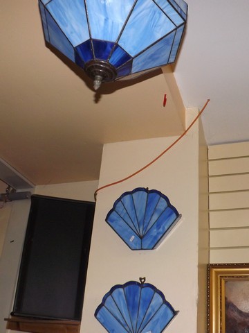 BLUE ART DECO STYLE CEILING LIGHT AND MATCHING WALL LIGHT EST[£30-£60]