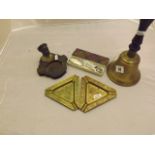 BRASS HANDHELD SCHOOL BELL, 3 ASH TRAYS AND EMPIRE EXHIBITION SPOON EST [£20-£40]