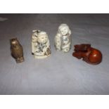 THREE REPRODUCTION NETSUKES & SMALL BRASS OWL MATCH HOLDER EST[£10-£20]