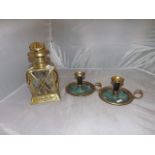 TWO BRASS CHAMBER STICKS AND BRASS LANTERN ET [£10-£20]