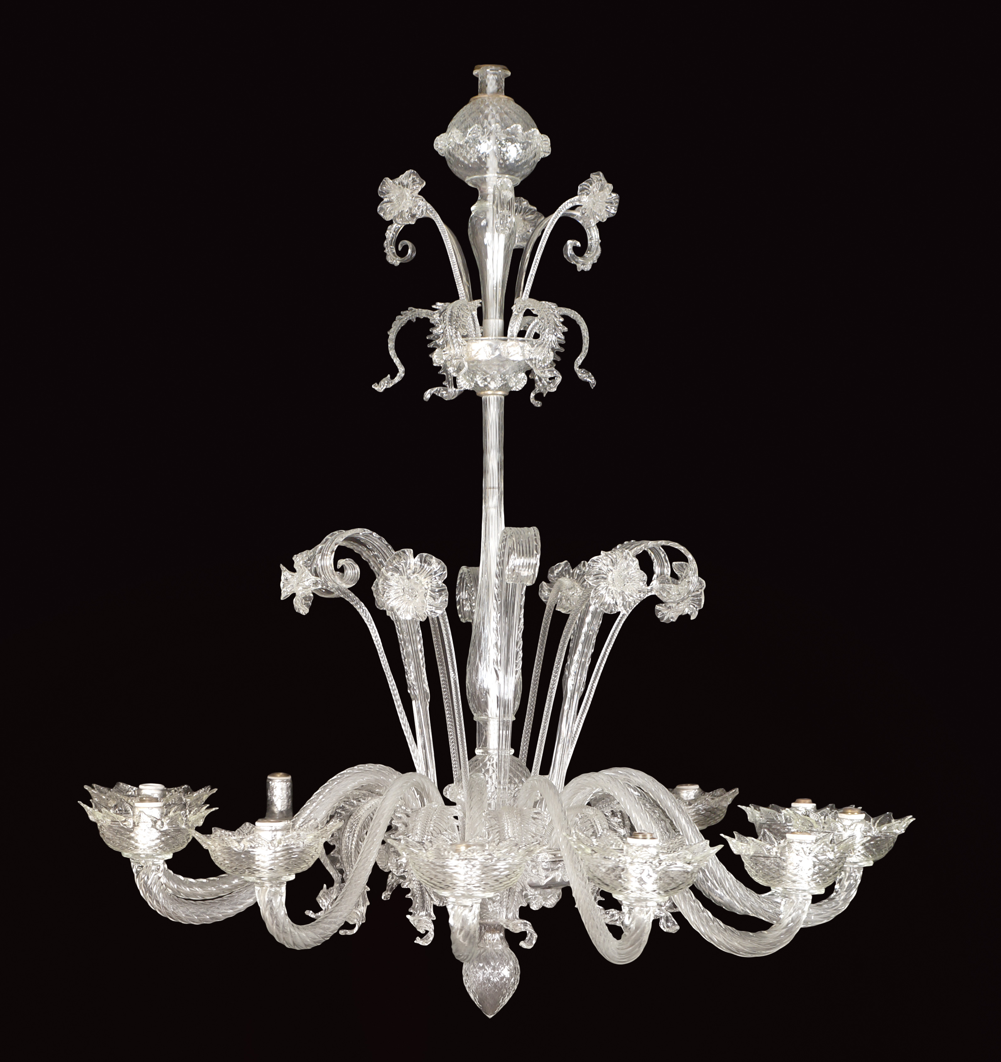 A Murano twelve-brench chandelier 20th century 150x130 cm. glass-pieces finely modelled as floral